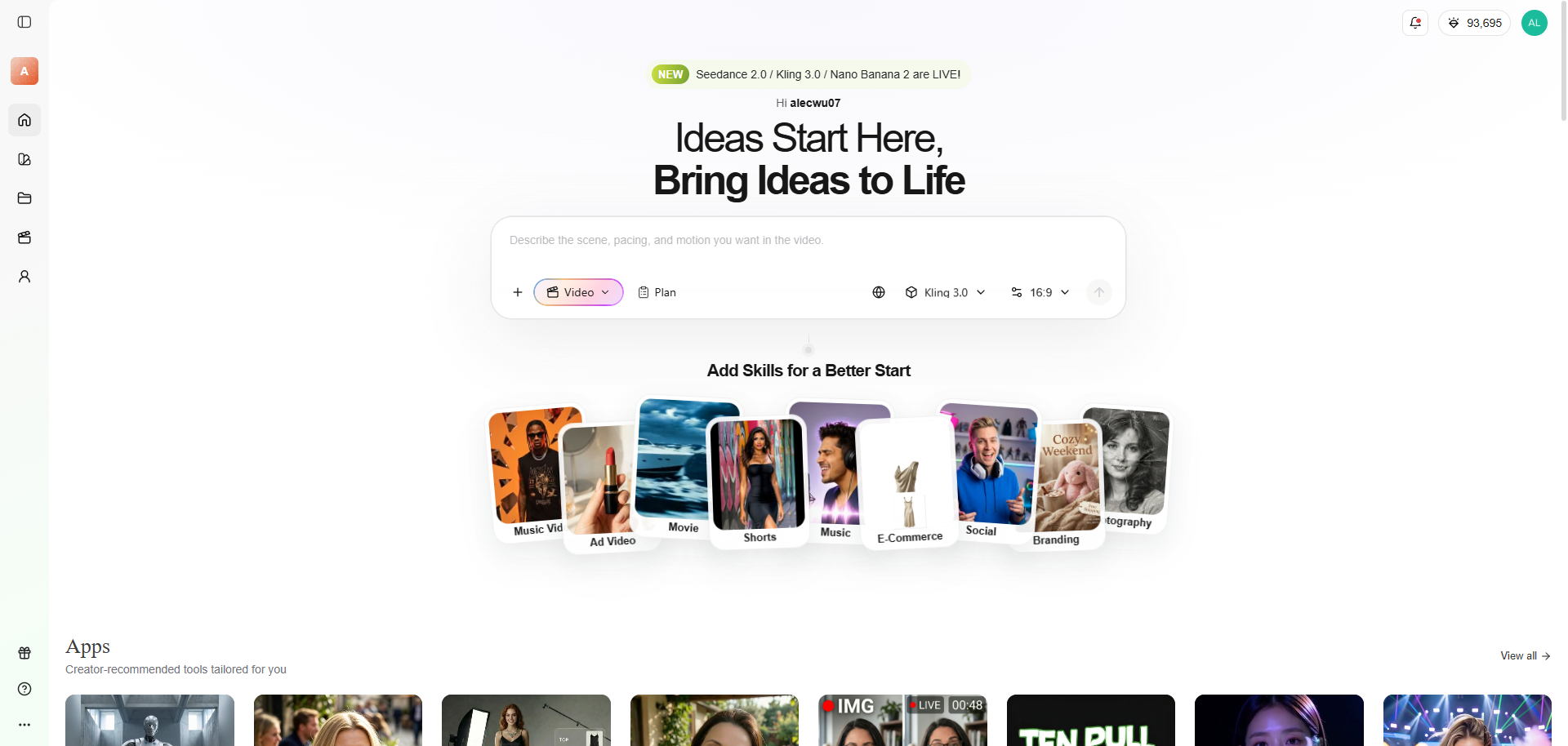 Select "Video Agent" and your desired AI video generation model
