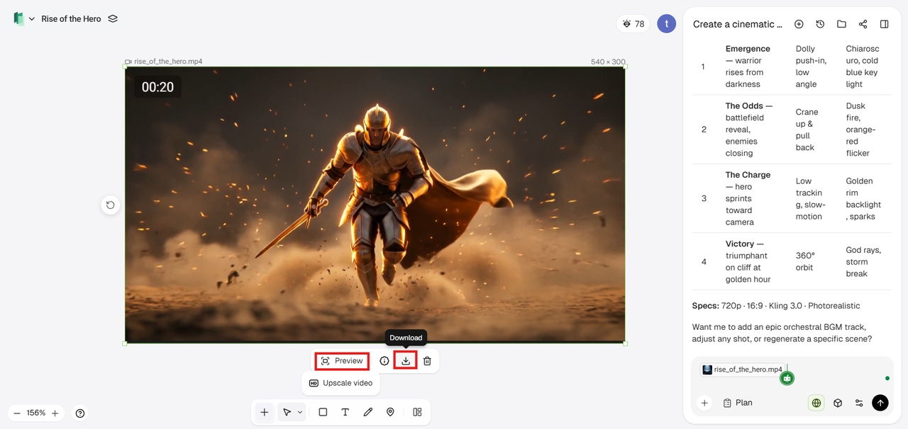Preview and download the AI-generated video.