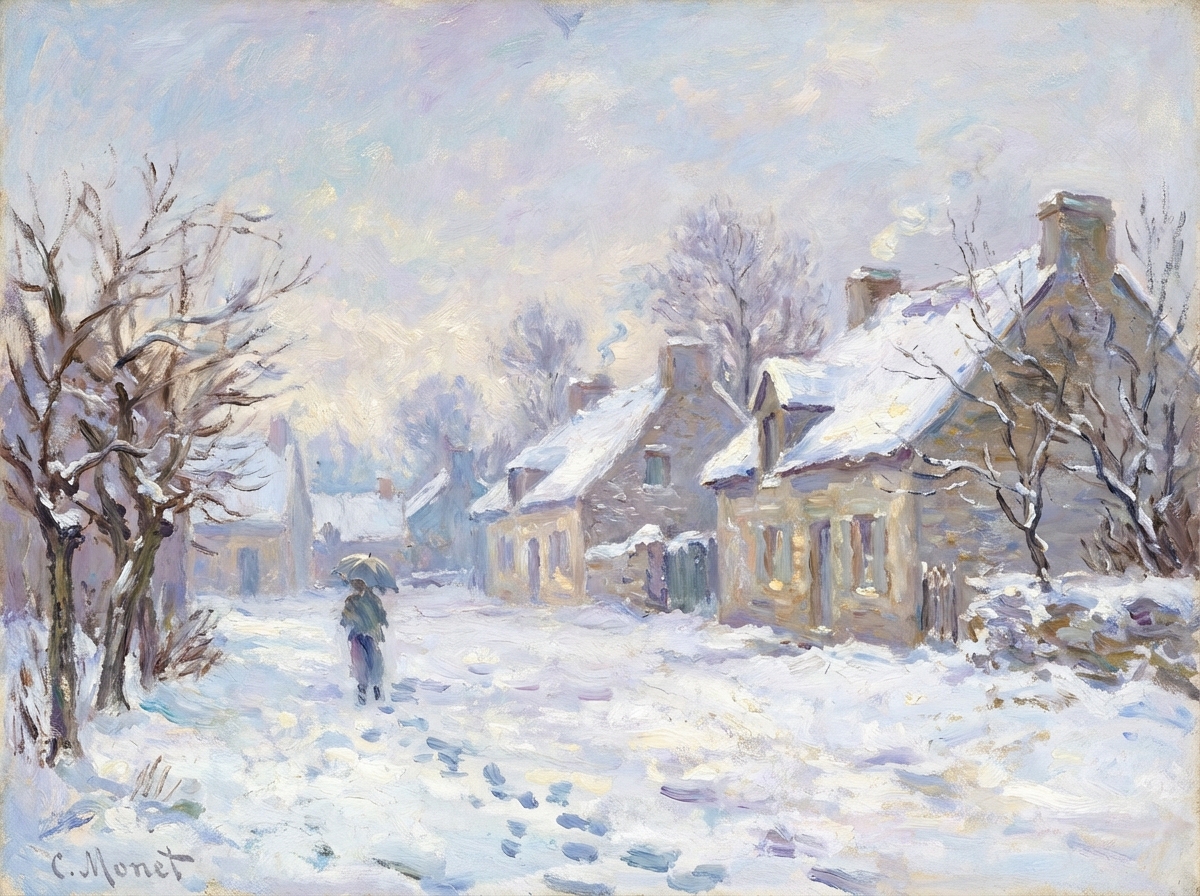 A snowy village street in an impressionist painting style