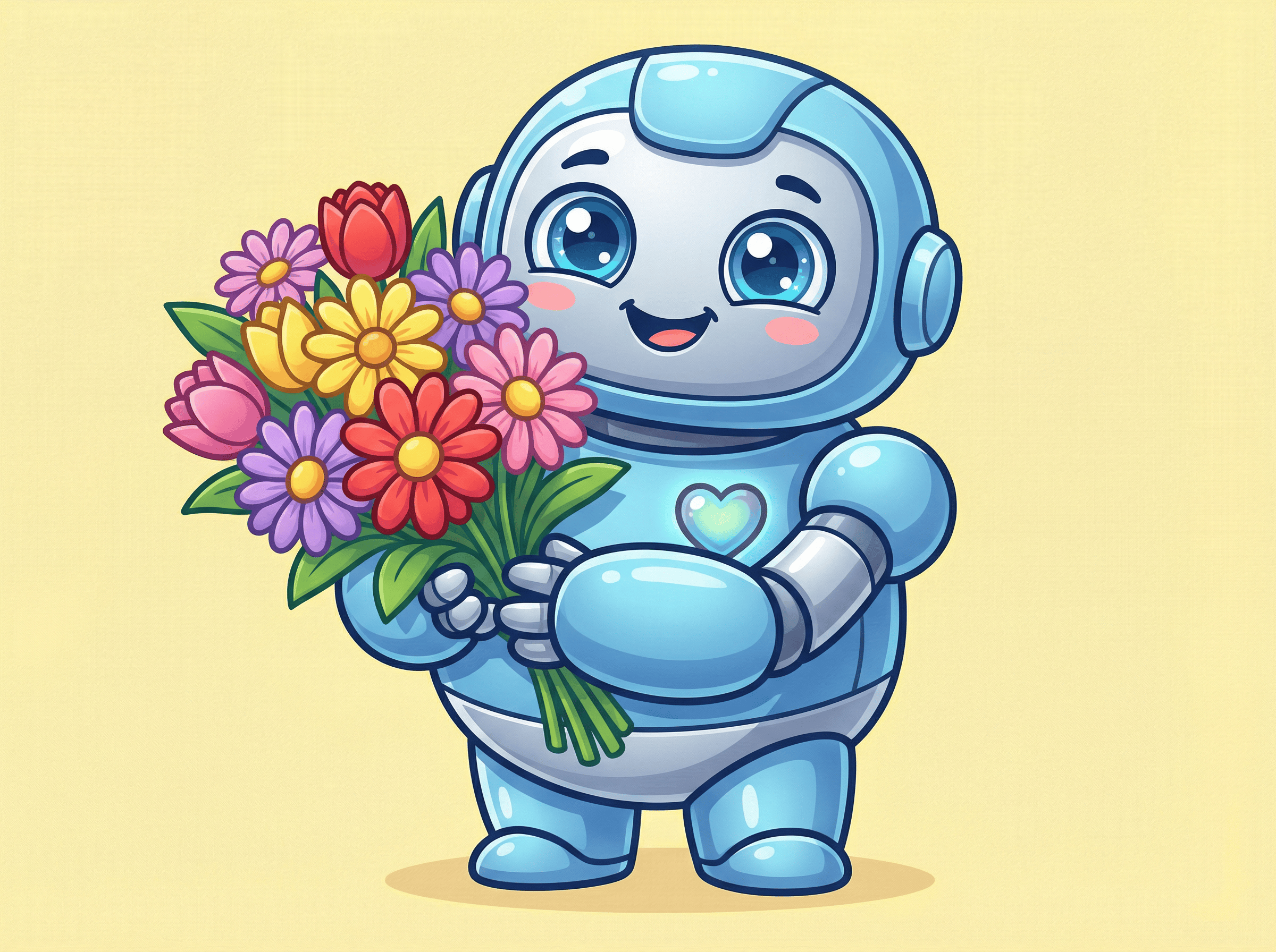A cute robot holding flowers in cartoon style