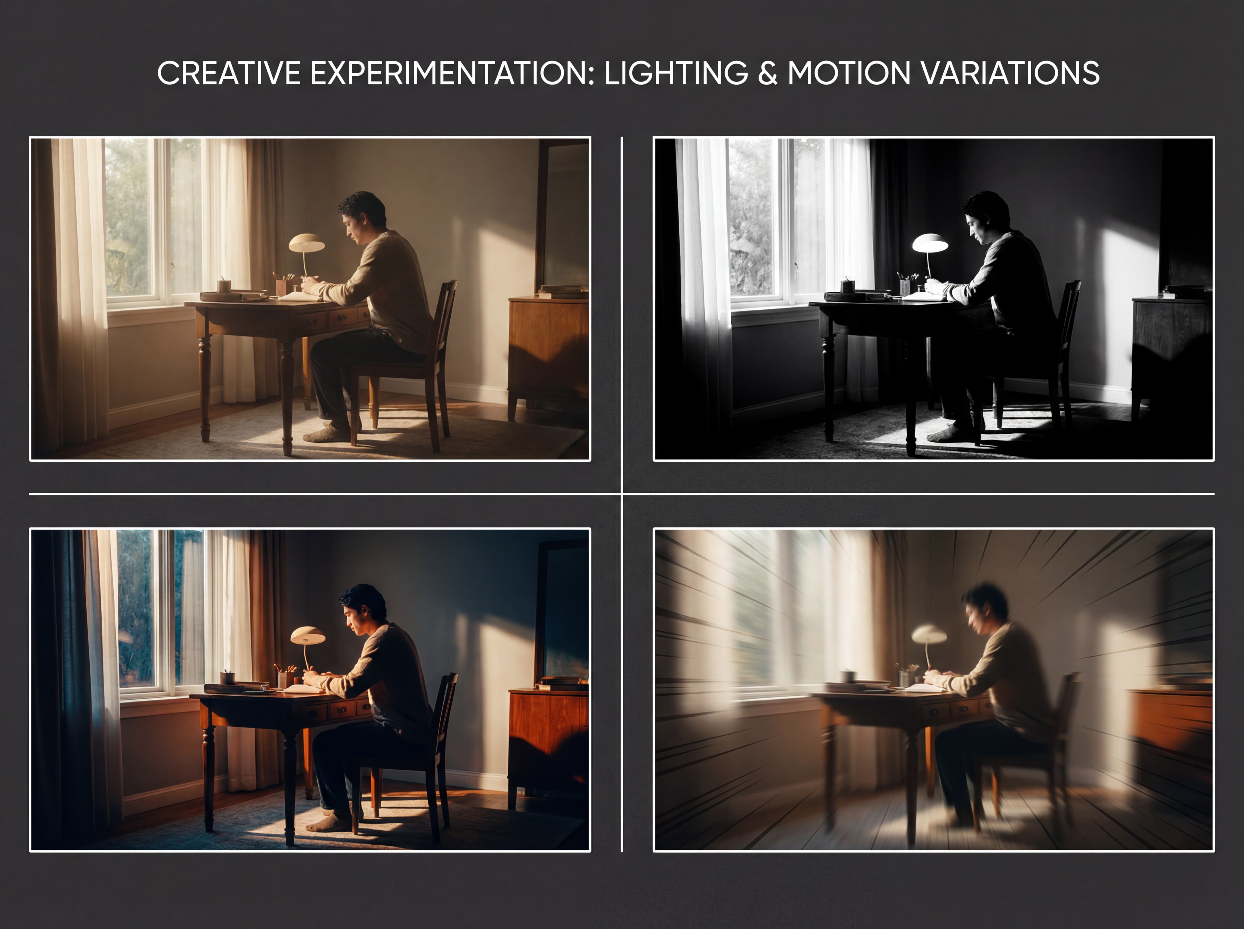 Experiment with lighting, motion, and effects