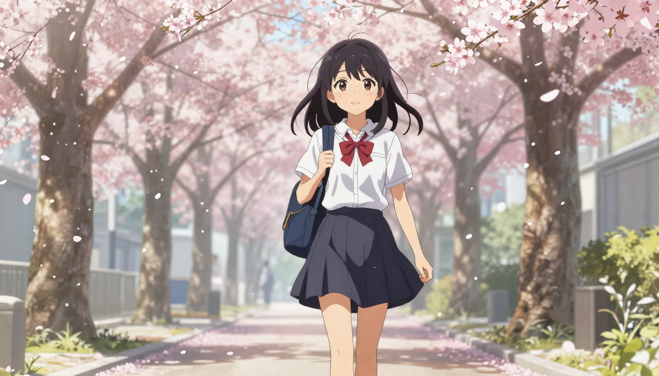 Anime Schoolgirl in Cherry Blossom Street