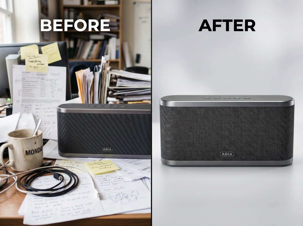 3. Product image with cluttered background → clean ecommerce photo with blurred background