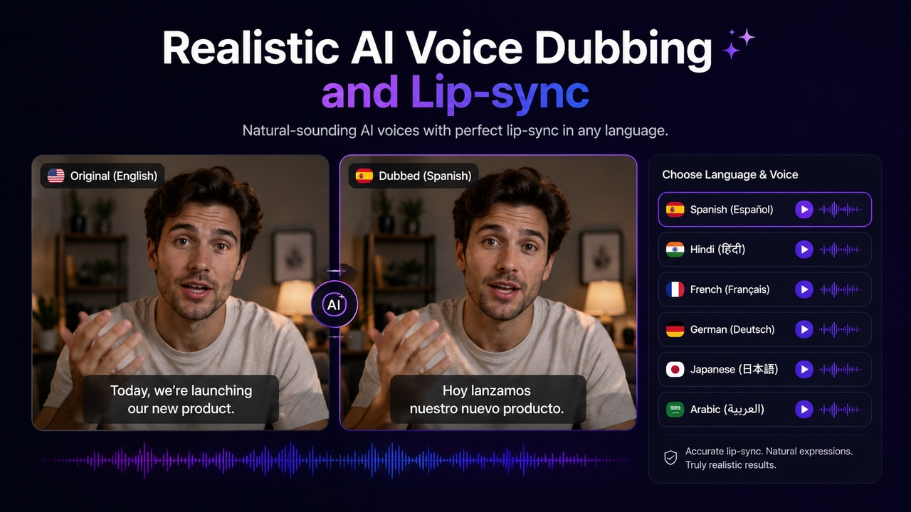 Realistic AI voice dubbing and lip-sync