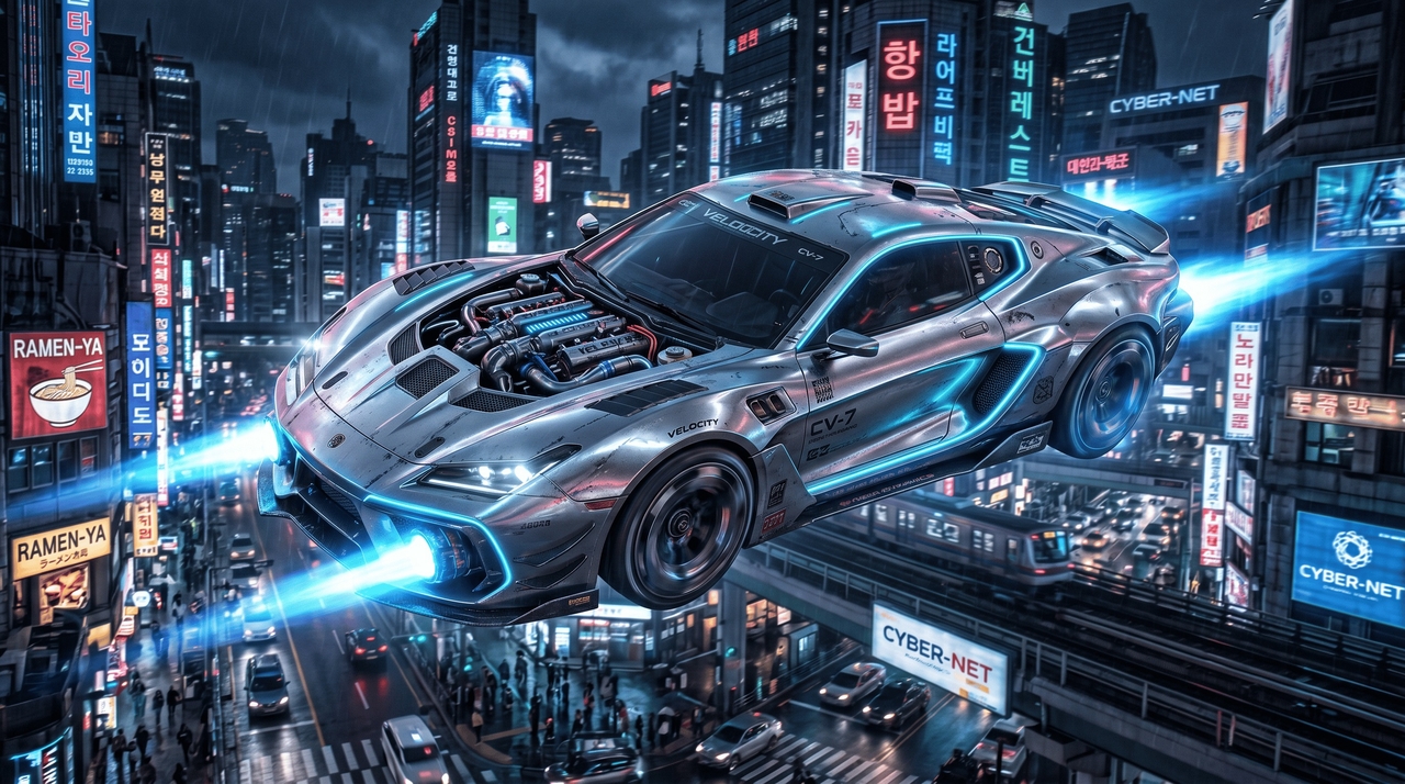Futuristic cyberpunk hovering racing vehicle