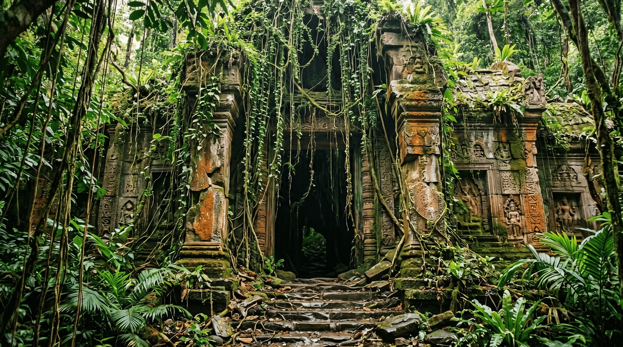 Ancient overgrown ruined temple entrance