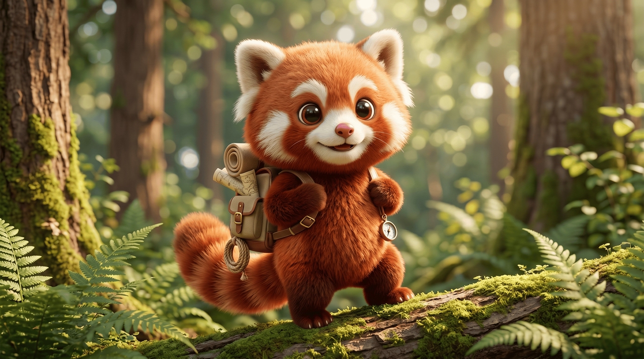 Fluffy adorable cartoon red panda
